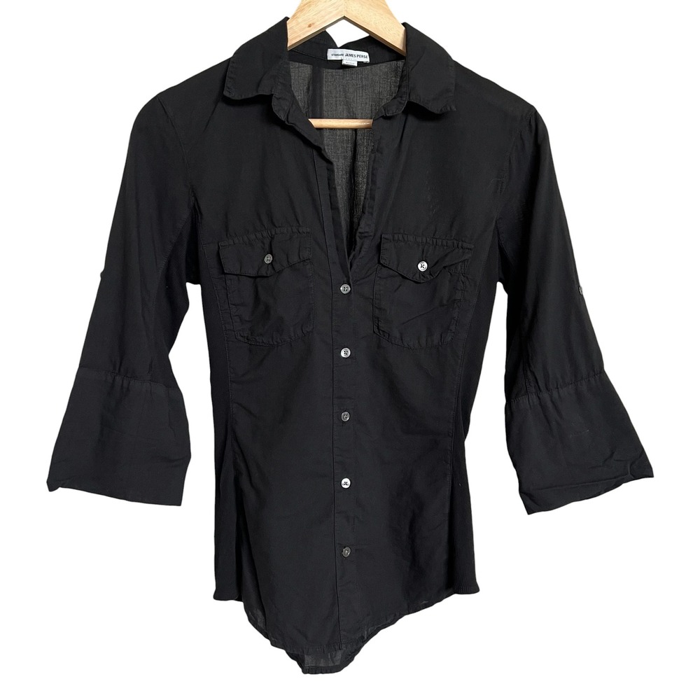 Standard James Perse Black 100% Cotton Button Up Side Panel 3/4 Sleeve Shirt M